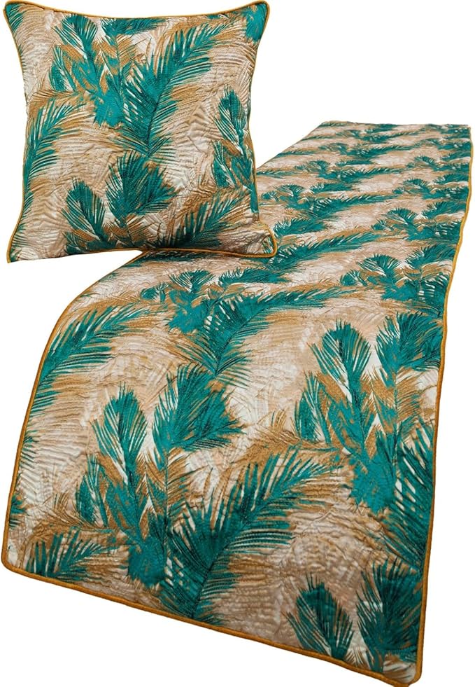 The HomeCentric King/Queen/Twin Green Decorative Twin 53"x18" Bed Runner with 2 Pillow Cover, Plam Leaves & Quilted Bed Scarf on Satin Fabric - Palms