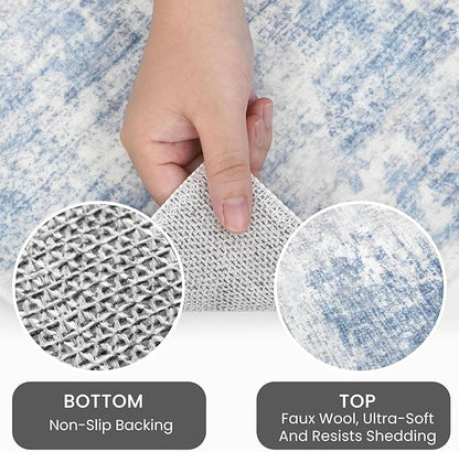 IOHOUZE Abstract Area Rugs 6x9 Ft Washable Rugs for Living Room, Non Slip Dining Room Rug, Printed Faux Wool Rugs for Bedroom, Floor Carpet for Office Nursery Playroom, Light Blue White