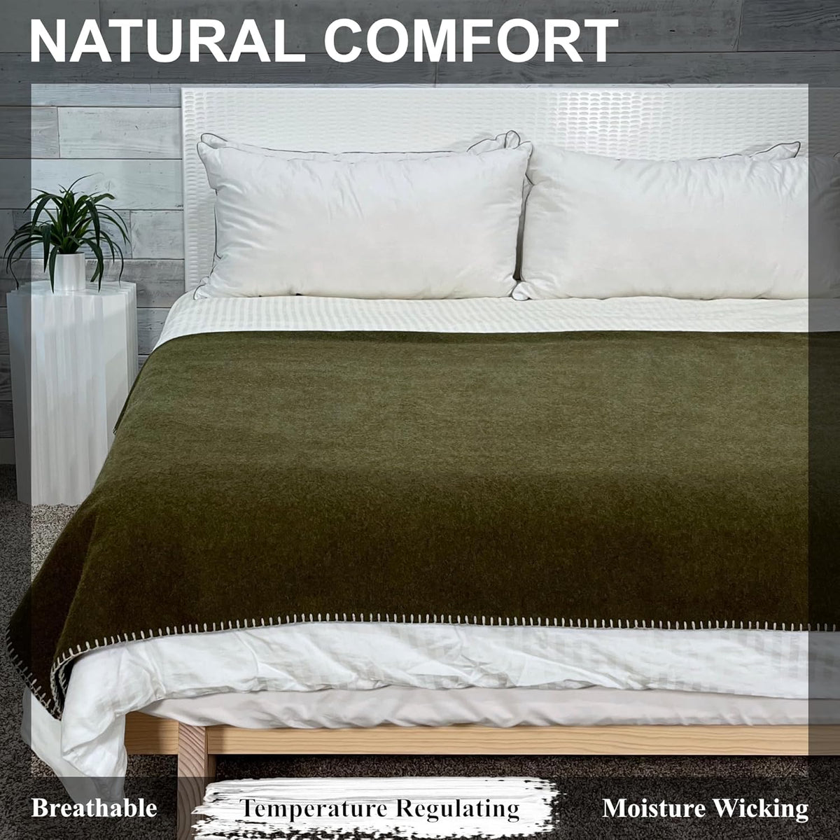 EKTOS 100% Virgin Wool Blanket, 90" x 108", Best Camp Bedding, Extra Large, Washable (Olive Green, King Size)
