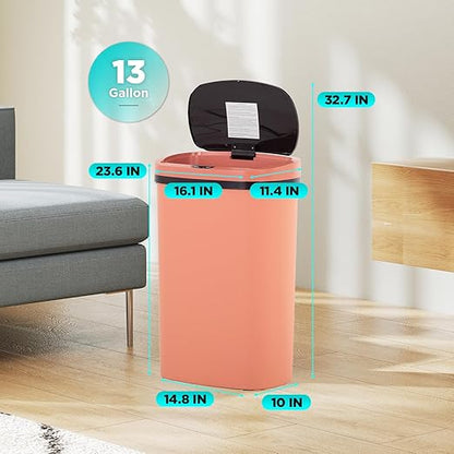 Automatic Motion Sensor Bathroom Trash Can with Lid, 13 Gallon Touchless Trash Bin, Smart Dog Proof Garbage Can, Touch Free Waste Basket for Toilet, Office, Bedroom,Pink
