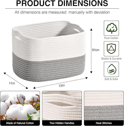 Woven Cotton Rope Storage Basket for Organizing, Cute Decorative Baskets for Gifts Empty, Organizer Bins for Dog Toy, Baby Laundry, 15“×11”×9.5“, Off White & Grey