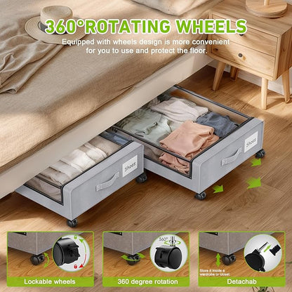 Under Bed Storage with Wheels, 4-Pack Under the Bed Storage Containers with Clear Lids & Label, Underbed Storage Bins, XXL 60L Rolling Metal Drawer for Clothes, Shoes, Toys, Books - Gray