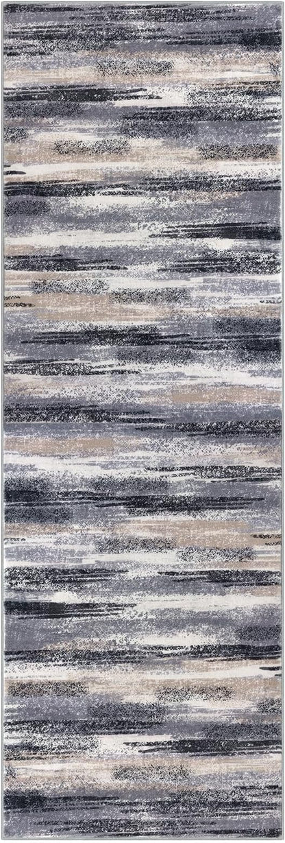 Modern Abstract Runner Rug 2.6x16, Grey Black Multi Washable Long Kitchen Runner Non-Slip Soft Hallway Rug Runner Thin Print Faux Wool Carpet for Entryway Bedroom Laundry Room Indoor Home Decor