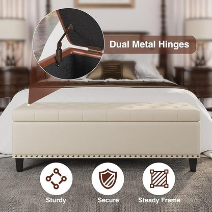 Storage Ottoman Bench, 51-Inch Large Storage Bench for Bedroom End of Bed, 30 Gallons Faux Leather Bench for Bedroom, Living Room, Entryway, Hallway, Cream White