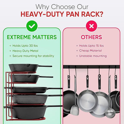 Heavy-Duty Pots and Pans Organizer | 5-Tier Cookware & Lid Storage Rack | Free-Standing or Wall-Mount | Kitchen Organizer for Cast Iron Skillets, Pots, Frying Pans, Lids | Red