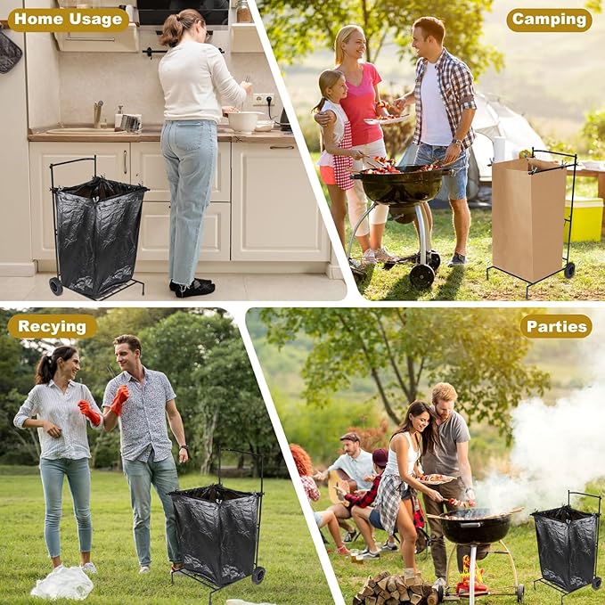 Heavy Duty Portable Trash Bag Holder with Wheel, Adjustable 30-45 Gallon Outdoor Leaf Bag Stand, Durable Trash Bag Rack, for Yard, Lawn Cleanup, Gardening, Camping & Parties