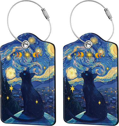 2 Pcs Colorful Luggage Tags for Suitcase, Cat Leather Luggage Tags Cute, Privacy Cover ID Label with Stainless Steel Loop & Address Card, Funny Cat Travel Bag Tag Luggage Accessories for Suitcases