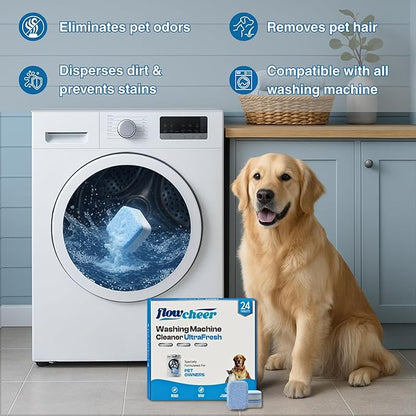 Washing Machine Cleaner Tablets, Septic Safe Descaler for Removing Pet Hair, Odors & Residue, For Pet Owners, HE Front Load & Top Load Washers, 24 Pack (1 Year Supply)