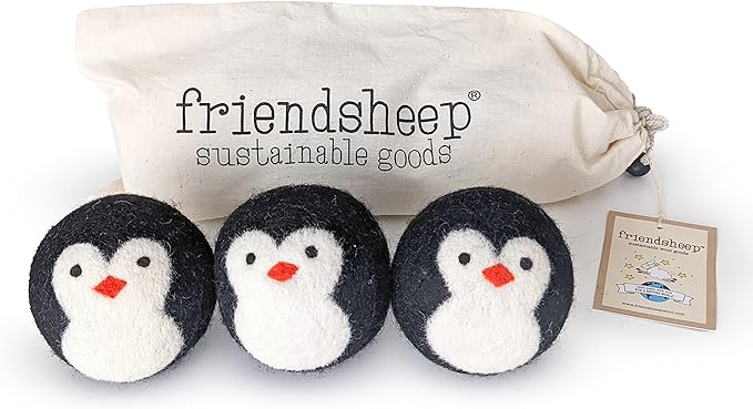 Friendsheep Wool Dryer Balls, Organic Reusable Fabric Softener Alternative for Laundry, Handmade, Fair Trade, Hypoallergenic, Eco-Friendly, Plastic-Free (3 Pack XL – Penguin)