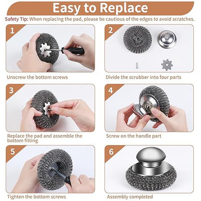 5Pcs Steel Wool Scrubber with Replacement Wire Sponge Pads Set, Stainless Steel Scrubber with Handle for Scouring Stubborn Messes from Cast Iron, Pots, Pans, Grill, Stoves, Sink(1 Scrubber+4 Pads)
