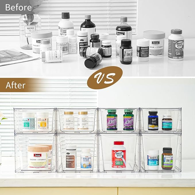 6Pack Pantry Organizers and Storage,Clear Stackable Kitchen Storage Organizer,Foods Organizer Bins with Handles, Easily Assemble for Bathroom, Kitchen, Refrigerator, Pantry, Cabinet, Closet