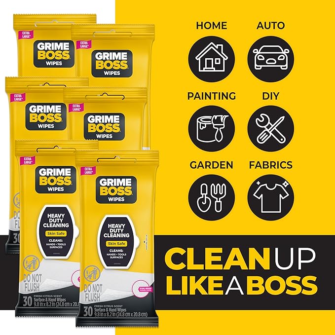 Grime Boss Heavy Duty Wipes (6 x 30ct) | Wet Wipes Used for Hands, Equipment, Tools, Garden, Automotive| Easily Removes Oil, Grease, & Dirt