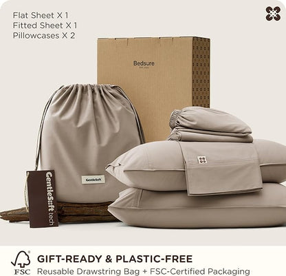 Bedsure Cooling Sheets, Rayon Derived from Bamboo & Cotton Blend, GentleSoft, Breathable, Queen Sheet Set, Deep Pocket Up to 18 Inches, Hotel Luxury Bedding for Hot Sleepers, Simply Taupe
