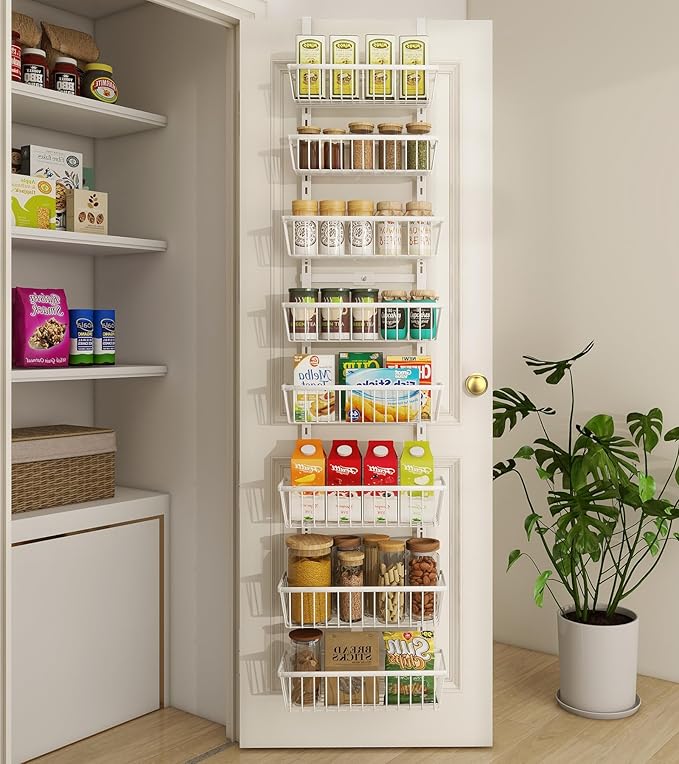 White 12 Inch Wide Narrow Over The Door Pantry Organizer, Pantry Organization and Storage, 8-Tier Metal Hanging Deep Basket Wall Spice Rack Seasoning Shelves, Home & Kitchen Essentials