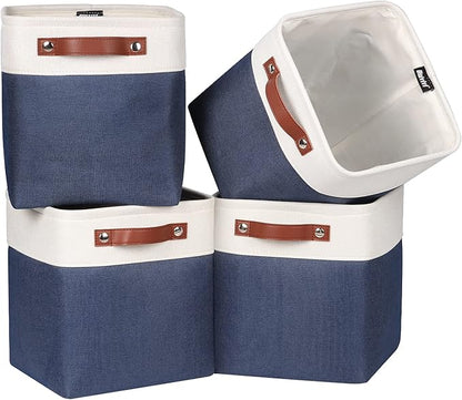 Univivi Fabric Cube Bins Set of 4 Storage Baskets with PU Handles for Home Closet Foldable Storage Bins (Blue, 10.5" x 10.5" x 11")