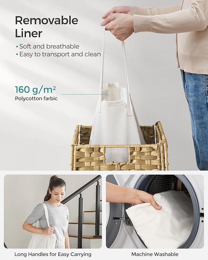 SONGMICS Laundry Hamper with Lid, 23.8 Gallon (90 L) Synthetic Rattan Clothes Laundry Basket with Lid and Handles, Foldable, Removable Liner, Goose Yellow ULCB51NL