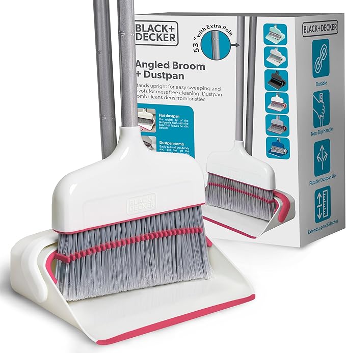 BLACK+DECKER Butler Broom & Dustpan Set - Stand-Up Design - Lightweight, Space-Saving Combo for Kitchen, Living Room, Bathroom, Lobby Floors - Home Cleaning Essential, White/Pink