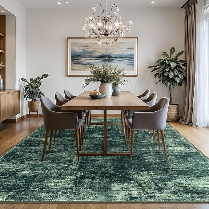 IOHOUZE Abstract Area Rugs 8x10 Ft Washable Large Rugs for Living Room, Non Slip Dining Room Rug, Printed Faux Wool Rugs for Bedroom, Floor Carpet for Office Nursery Playroom, Dark Green