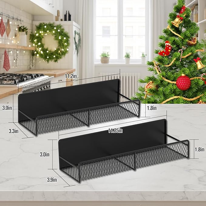 2 Pack Magnetic Spice Rack for Refrigerator, Black Magnetic Shelf with 4 Removable Hooks, Rustproof Magnetic Shelf for Fridge, Oven, Condiments, Oils, Seasoning Spice Organizer