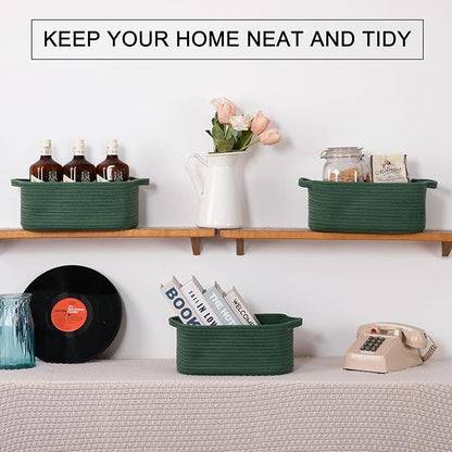 OIAHOMY Cotton Rope Woven Baskets for Storage, Nursery Rectangle Storage Basket with Handles for Shelves, Pack of 3, Green