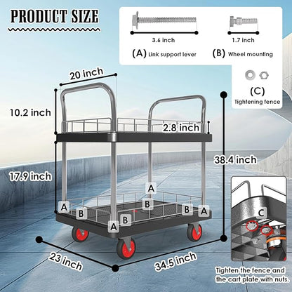 2 Shelf Utility Service Cart- 660lbs Capacity Heavy-Duty Plastic Rolling Utility Carts with 4 of 360° Swivel Wheels and Handle, Large Service Cart for Groceries,Warehouse,Garage 34.6''x 22.8''