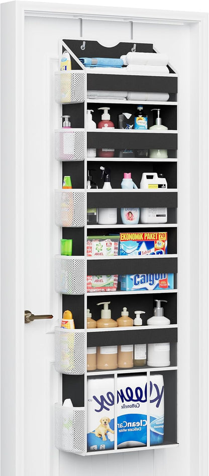 Over The Door Organizer Hanging - 6 Shelf Over Door Organizer with 6 Clear Front & 12 Side Pockets - 50LB Load Behind Storage for Closet Bedroom Bathroom Nursery Baby Essentials(Black)