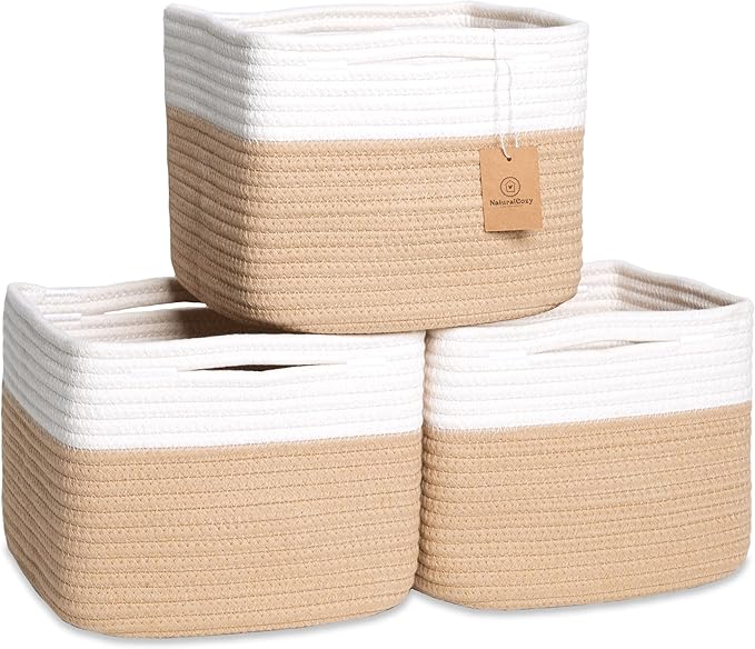 NaturalCozy Storage Cubes 9”x9”x7”Cotton Rope Woven Baskets for Organizing 3-Pack | 9 Inch Cube Storage Bin | Small Basket for Shelf Nursery, Pantry, Decorative Plant, Bathroom Closet, Toy Gift