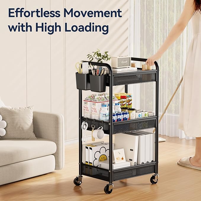 YASONIC 3 Tier Rolling Cart – Metal Utility Storage Cart with Wheels, Craft Cart Organizer with Hanging Cups, Hooks, Mesh Basket for Bedside Kitchen Office Art, Black