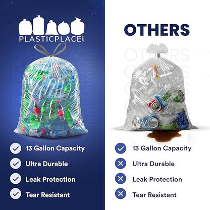 Plasticplace 32-33 Gallon Recycling Bags │ 0.9 Mil │ Clear Drawstring Garbage Can Liners │ 33" x 38" (100 Count)