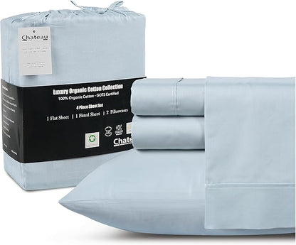 100% Organic Cotton Sheets King Size, 4 Piece Breathable Bed Sheet Set, 15" Deep Pocket King Sheets Cotton, Solid Sateen Weave Luxury Hotel Collection, No Pill & Shrink- Light Blue