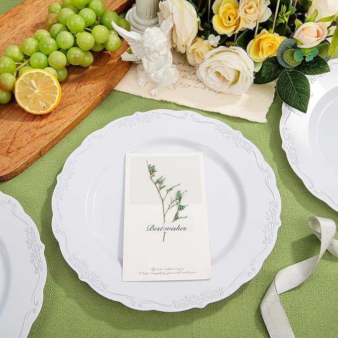 DaYammi 60PCS White and Silver Plastic Plates, Heavy Duty White and Silver