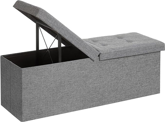 SONGMICS MAZIE Collection - 43 Inches Storage Ottoman, Foldable Storage Bench with Flipping Lid, 660 lb Load Capacity, for Entryway, Living Room, Bedroom, Light Gray ULSF71G