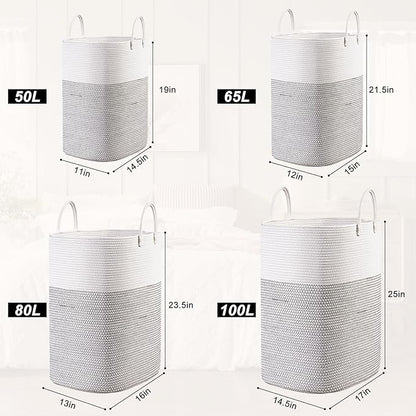 Woven Laundry Basket for Clothes, 50 L Large Rectangle Laundry Hampers with Beads Tassel, Nursery Storage Basket for Toys, Tall Dirty Clothes Hamper for Bedroom Aesthetic, Laundry Room Organization