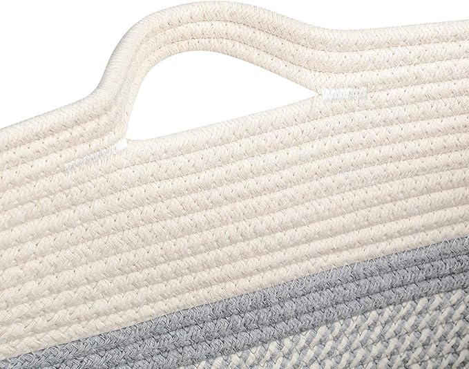 Storage Baskets for Clothes Fabric Cotton Rope Storage Basket with Handles, Decorative Woven Basket for Living Room,Closet Organizer Blankets, and 2bags (White/Gray, L16×W11.4×H15.9)