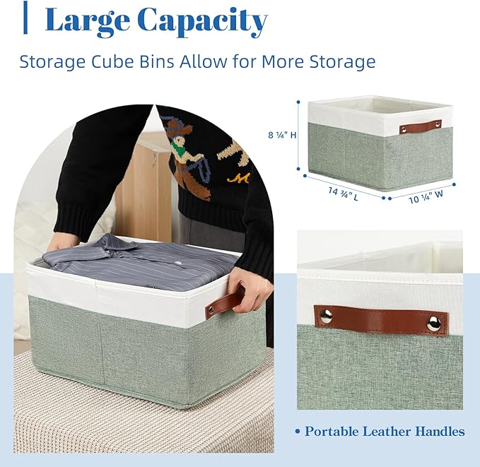 Temary Storage Bins Storage Baskets 4Pack Fabric Storage Bins for Shelves with Dual Leather Handles Canvas Storage Boxes for Organizing Home, Shelf, Closet (White&Green)