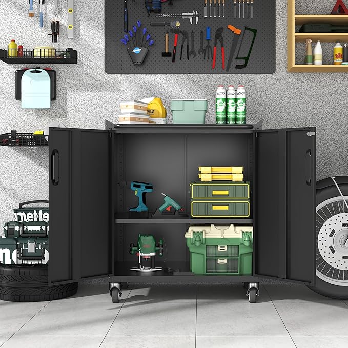 Metal Storage Cabinet with Wheels, Lockable Garage Cabinet with Doors and Shelves, Rolling Tool Storage, Assembly Required, Black