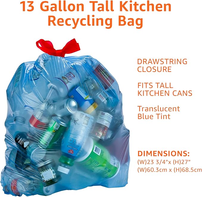 Amazon Basics Blue Recycling Trash Bags, Unscented, 13 Gallon, 60 count, Pack of 1