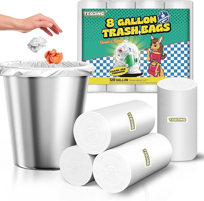 120 Count 8 Gallon Trash Bags Unscented - Thick Clear Medium Garbage bags, 30 Liter Strong Plastic Wastebasket Can Liners for Kitchen Home Bathroom Office