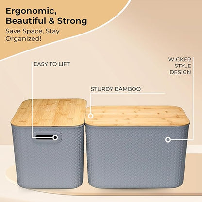 Storage Bins with Bamboo Lid – Stackable, Multi-Purpose Organizers for Pantry, Closet, Kitchen, and Home – Elegant Wicker-Style Design with Ergonomic Handles (Grey)