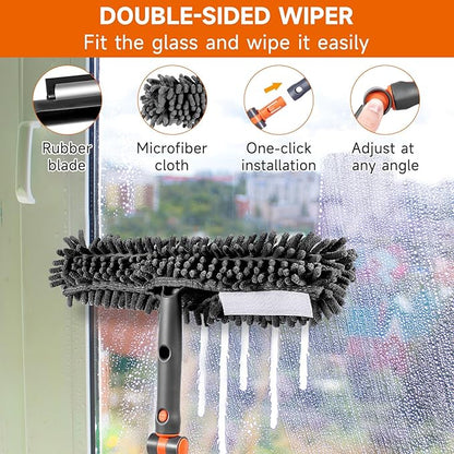 Chabatree Window Squeegee Cleaner Set 2-in-1 Window Cleaning Tool with Extendable Pole, Window Cleaning kit with Bendable Head for Indoor & Outdoor Glass for Car Indoor Outdoor High Windows（Kit2.0）