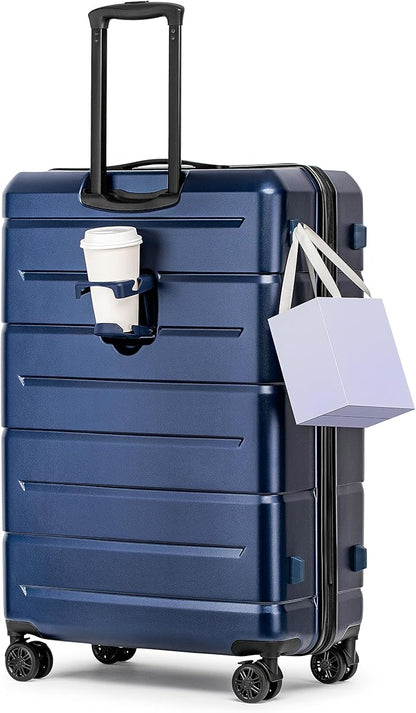 KYME Suitcases with Wheels Hardshell 30 Inch Luggage TSA Approved Large Checked Luggage Durable Travel Rolling Suitcase with Cup Holder for Women Men Navy