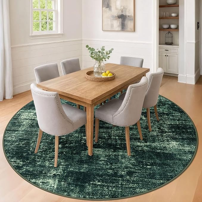 IOHOUZE Abstract Round Area Rug 8 Ft Washable Circle Rugs Large Round Rug Non Slip Thin Soft Circle Rugs, Printed Faux Wool Floor Carpet for Bedroom Living Room Dining Room Nursery, Dark Green