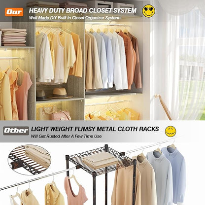 8FT Closet System with Shelves, 96'' Closet Organizer System with 3 Hanging Rods, Wall Mount Bedroom Wardrobe Walk-in Closet, Adjustable Cloth Garment Rack from 5 to 8FT(Cut to Fit), White Oak