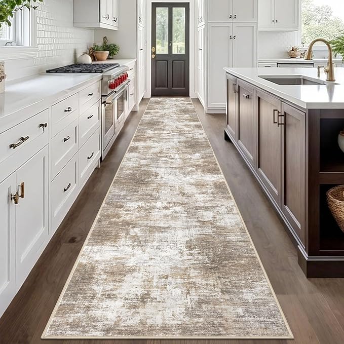 IOHOUZE Abstract Runner Rug 3x20 Ft Extra Long Washable Runners for Hallways, Non Slip Kitchen Runner Printed Faux Wool Entryway Runner Indoor, Modern Abstract Floor Carpet for Hall Stair, Beige Brown