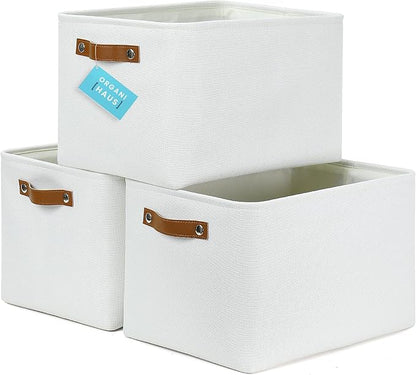 OrganiHaus Large Fabric Storage Baskets for Shelves 3 Pack, 15x11in Closet Storage Bins for Shelves, Cloth Baskets for Organizing, Linen Closet Organizers, Fabric Basket - Off-White