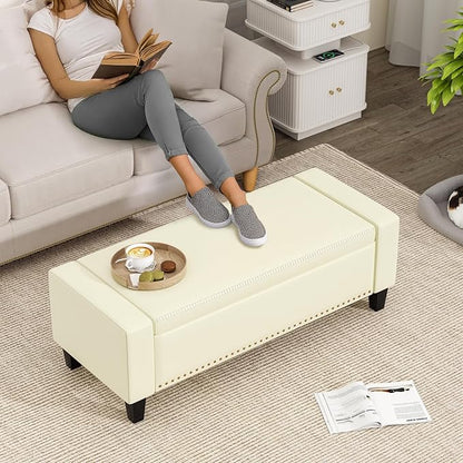 48.8" Storage Ottoman Bench Cream White | Faux Leather Bedroom Bench with Lift Top for Living Room & Bed End