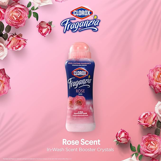 Clorox Fraganzia Laundry Scent Booster Crystals in Rose Scent - Scented In-Wash Freshener Beads for Fresh, Clean, Great Smelling Clothes and Linens, 18 Oz - 2 Pack