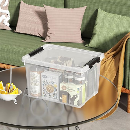 23 L Clear Plastic Storage Box with Lid, Stackable Lidded Storage Bin Container with Wheels and Secure Latching Buckles, 4 Packs