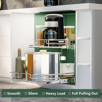 LOVMOR 2 Tier Individual Pull Out Cabinet Organizer 15½" W x 21½" D, Slide Out Kitchen Cabinet Storage Sliding Shelves