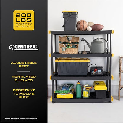 BLACK & YELLOW, 4-Tier Heavy Duty Plastic Storage Shelving Unit, 200lbs/shelf (55"H x 48"W x 20"D), for Indoor/Outdoor Organization, Modular Rack